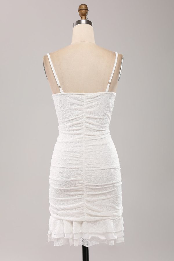 Cute Spaghetti Straps Bodycon Pleated Lace Short White Graduation Dress Online now