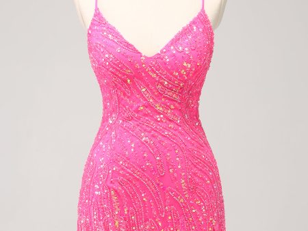 Sparkly Hot Pink Tight Sequins V Neck Homecoming Dress with Fringes Discount