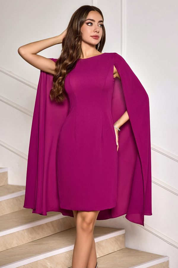 Grape Bodycon Midi Cocktail Party Dress With Cape Sleeves Sale