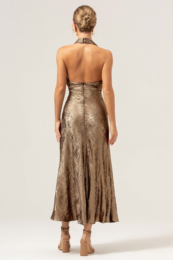 Golden Mermaid Halter Neck Backless Tea Length Bridesmaid Dress Online