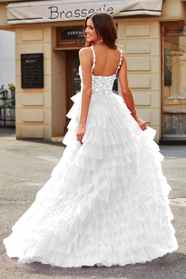 A-Line Spaghetti Straps White Tiered Wedding Dress with Slit Online Hot Sale