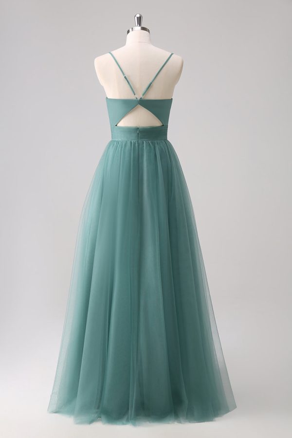 Eucalyptus Spaghetti Straps A-Line Tulle Bridesmaid Dress Sale