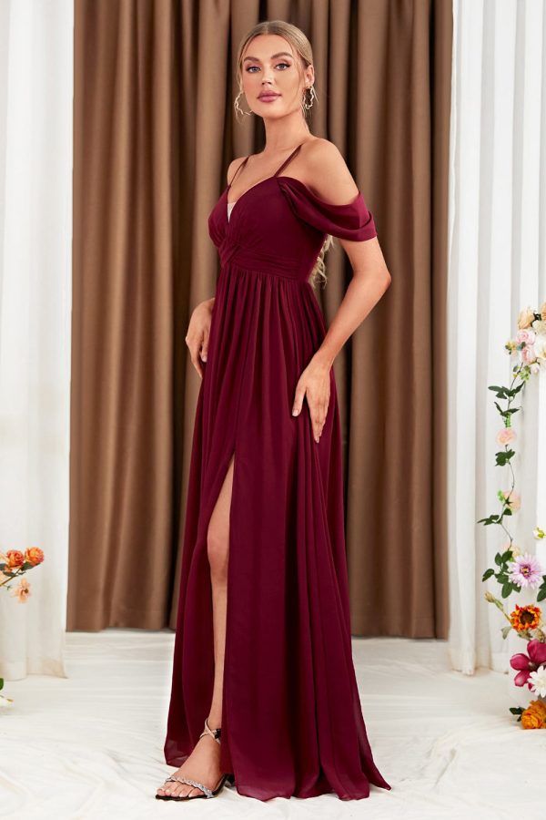 A-Line Cold Shoulder Burgundy Formal Dress with Slit For Cheap