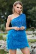 Sparkly Blue One Shoulder Sleeve Sequined Feather Homecoming Dress For Discount