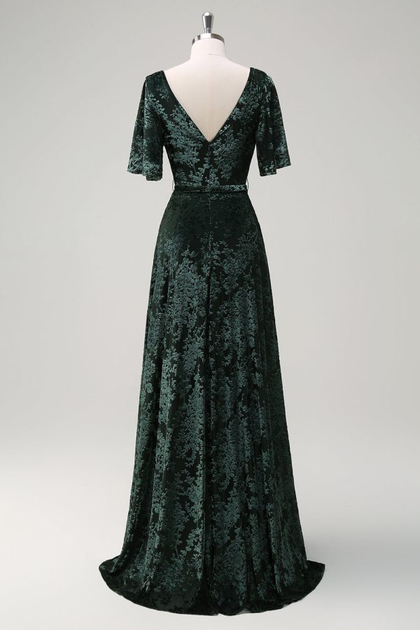 Dark Green A Line V-Neck Burnout Velvet Floral Long Bridesmaid Dress Fashion