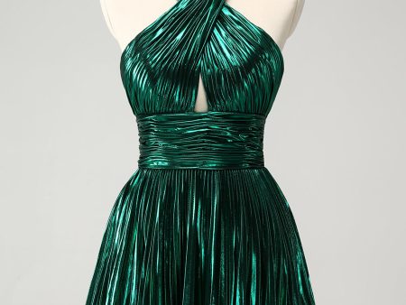 Glitter Dark Green Halter A-Line Pleated Metallic Homecoming Dress Online