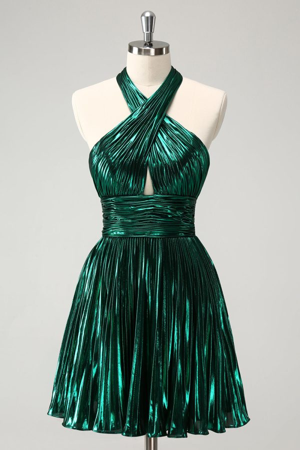 Glitter Dark Green Halter A-Line Pleated Metallic Homecoming Dress Online