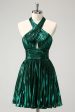 Glitter Dark Green Halter A-Line Pleated Metallic Homecoming Dress Online