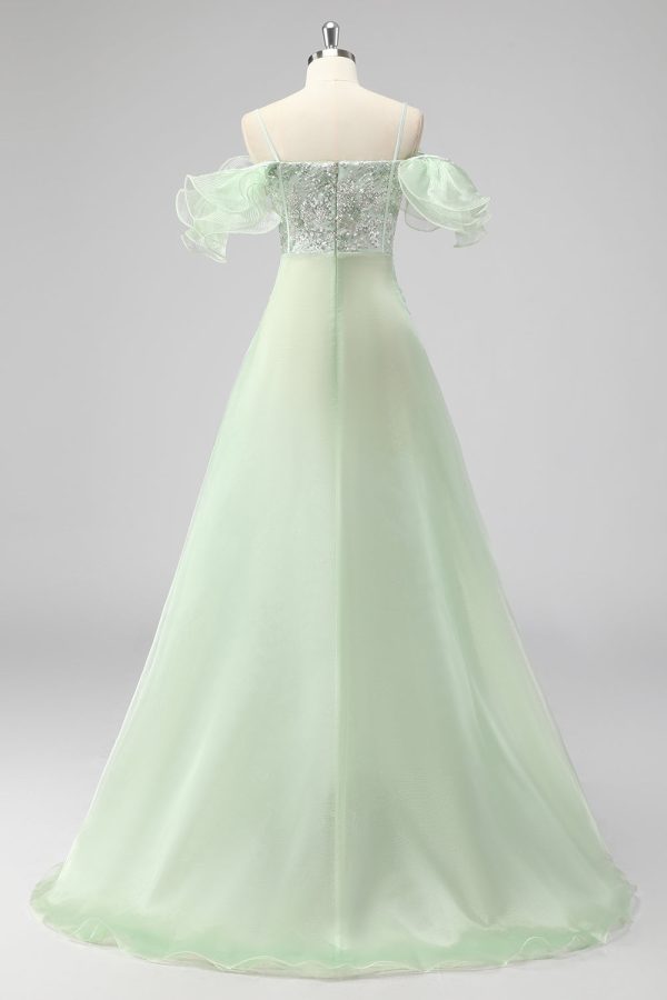 A Line Light Green Off The Shoulder Sequins Wedding Guest Dress Online now