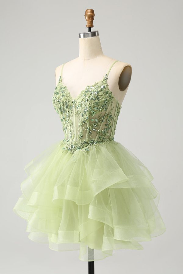 Light Green A-Line Tulle Tiered Homecoming Dress with Appliques Cheap