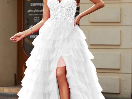 A-Line Spaghetti Straps White Tiered Wedding Dress with Slit Online Hot Sale