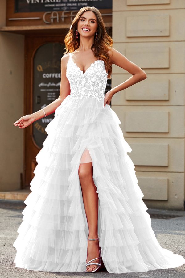 A-Line Spaghetti Straps White Tiered Wedding Dress with Slit Online Hot Sale