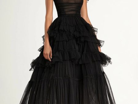 Black A-Line Flatter Sleeves Ruffles Tulle Tea Length Formal Dress Sale