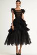 Black A-Line Flatter Sleeves Ruffles Tulle Tea Length Formal Dress Sale