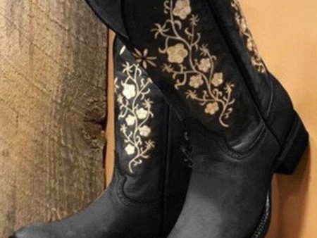 Black Embroidered Chunky Heel Mid Calf Western Boots Online Sale