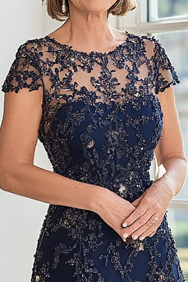 A Line Navy Scoop Neck Cap Sleeves Lace Mother of the Bride Dress Cheap