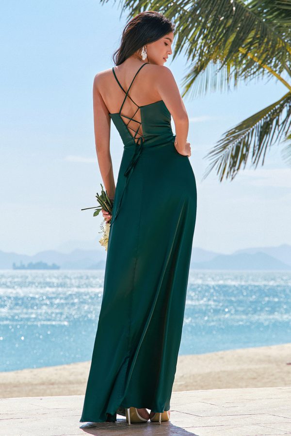 Dark Green A-Line Spaghetti Straps Ruched Lace-Up Back Satin Long Bridesmaid Dress Online now