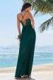 Dark Green A-Line Spaghetti Straps Ruched Lace-Up Back Satin Long Bridesmaid Dress Online now