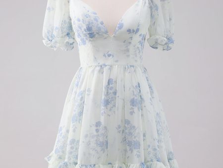 Light Blue Floral Short Homecoming Dress with Short Sleeves For Sale