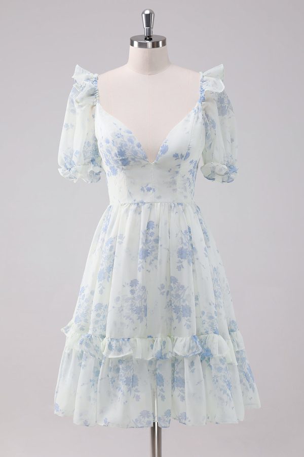 Light Blue Floral Short Homecoming Dress with Short Sleeves For Sale