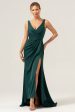 Dark Green Sheath V Neck Ruched High-Low Bridesmaid Dress with Slit Hot on Sale