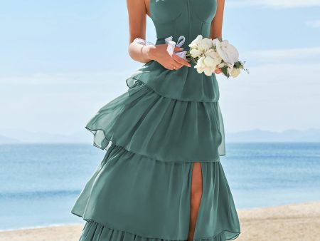 Eucalyptus A-Line Corset Tiered Long Bridesmaid Dress with Ruffle Slit Discount