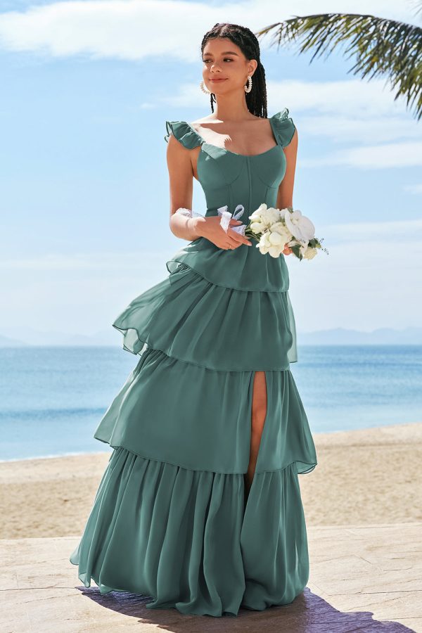 Eucalyptus A-Line Corset Tiered Long Bridesmaid Dress with Ruffle Slit Discount