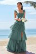 Eucalyptus A-Line Corset Tiered Long Bridesmaid Dress with Ruffle Slit Discount