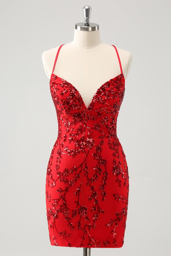 Sparkly Floral Red Tight Short Homecoming Dress with Sequins For Cheap