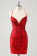 Sparkly Floral Red Tight Short Homecoming Dress with Sequins For Cheap