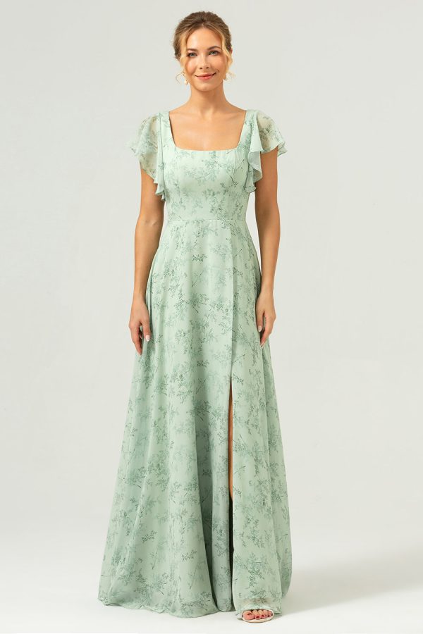 Dusty Sage Square Neck Printed Flower Long Bridesmaid Dress with Slit on Sale