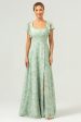 Dusty Sage Square Neck Printed Flower Long Bridesmaid Dress with Slit on Sale