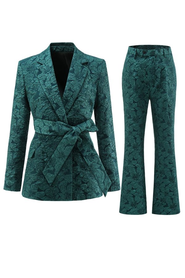 Dark Green 2 Piece 3D Flowers Women s Formal Suits with Belt For Cheap