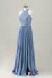 Grey Blue A-Line Halter Long Bridesmaid Dress with Slit Online