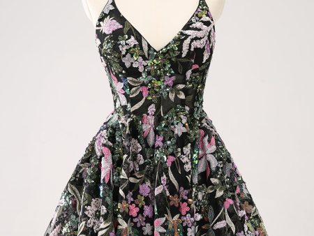 Sparkly Black A Line Floral Short Homecoming Dress with Sequins Online Sale