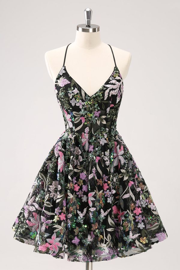 Sparkly Black A Line Floral Short Homecoming Dress with Sequins Online Sale