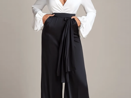 White and Black Deep V-neck Satin Long Sleeves Mother of the Bride Jumpsuits Online now