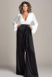 White and Black Deep V-neck Satin Long Sleeves Mother of the Bride Jumpsuits Online now