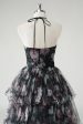 Black A Line Tiered Halter Floral Wedding Guest Dress With Detachable Hem Fashion