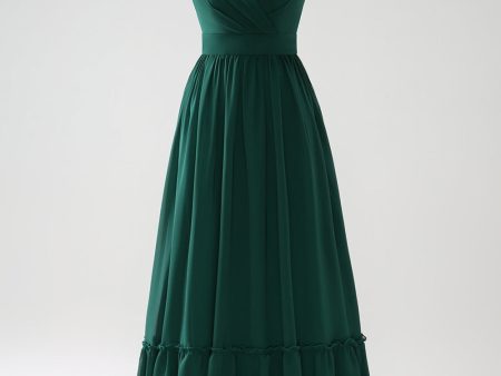 Dark Green A Line V-Neck Chiffon Long Bridesmaid Dress Online now