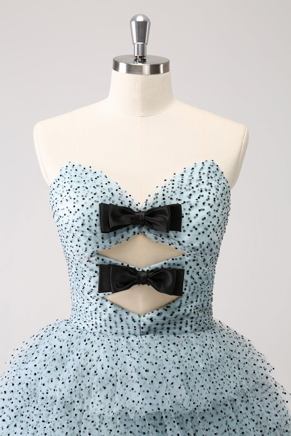 Blue A Line Tiered Dotted Strapless Homecoming Dress with Bows For Sale