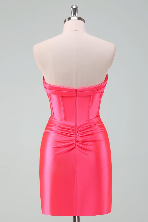 Hot Pink Bodycon Sweetheart Satin Corset Short Homecoming Dress Cheap