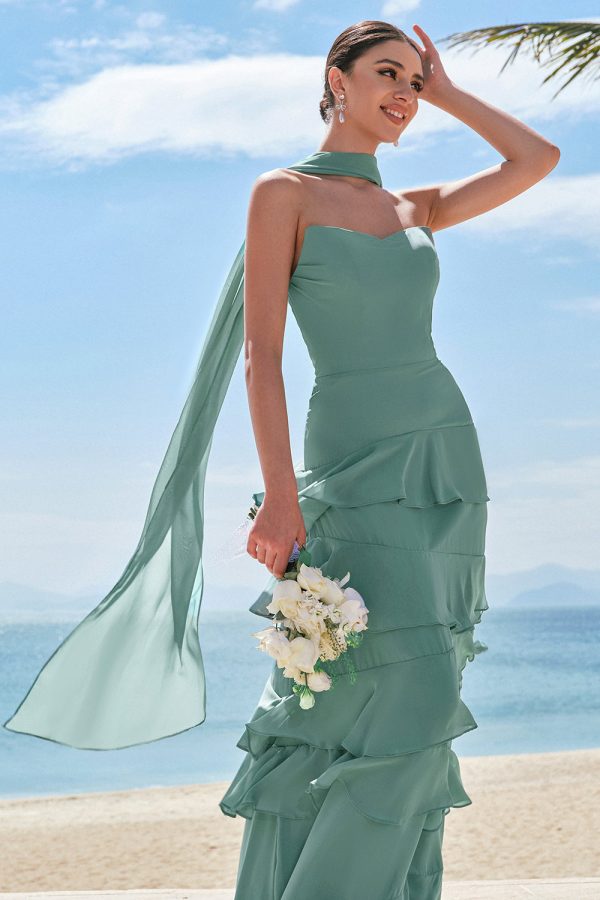 Eucalyptus A Line Strapless Ruffled Long Bridesmaid Dress with Ribbon Online now