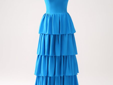 Blue Tiered Chiffon Bridesmaid Dress with Flower Fashion