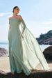 Light Green Cold Shoulder Detachable Sleeves Chiffon Bridesmaid Dress Supply