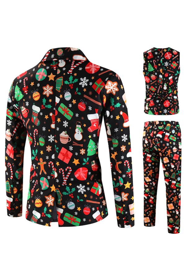 Black Christmas Printed Notched Lapel 3 Pieces Men s Suits For Discount