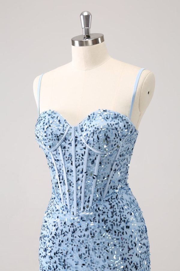 Sparkly Blue Tight Sequins Spaghetti Straps Homecoming Dress Online