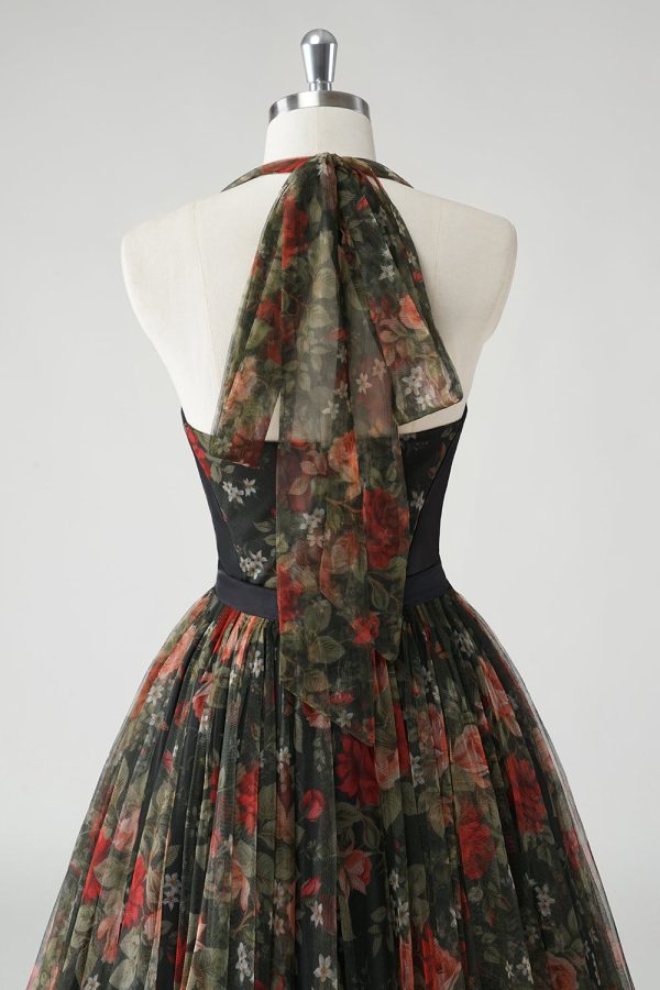 A Line Floral Printed Halter Dark Green Wedding Guest Dress Online Sale