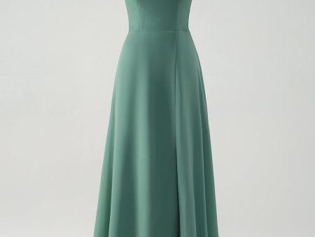 Eucalyptus Chiffon A Line Spaghetti Straps Long Bridesmaid Dress with Slit Sale