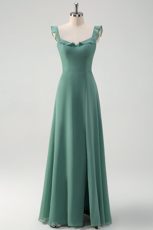 Eucalyptus Chiffon A Line Spaghetti Straps Long Bridesmaid Dress with Slit Sale